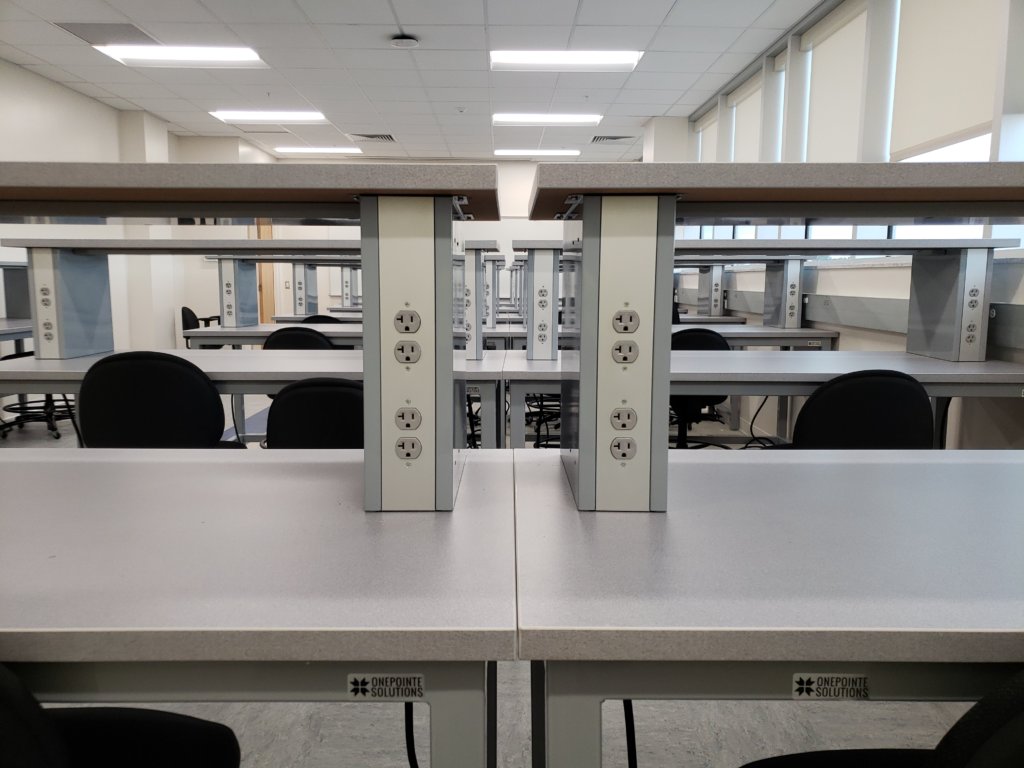 esd workbench with data and electrical outlets for college electronics lab